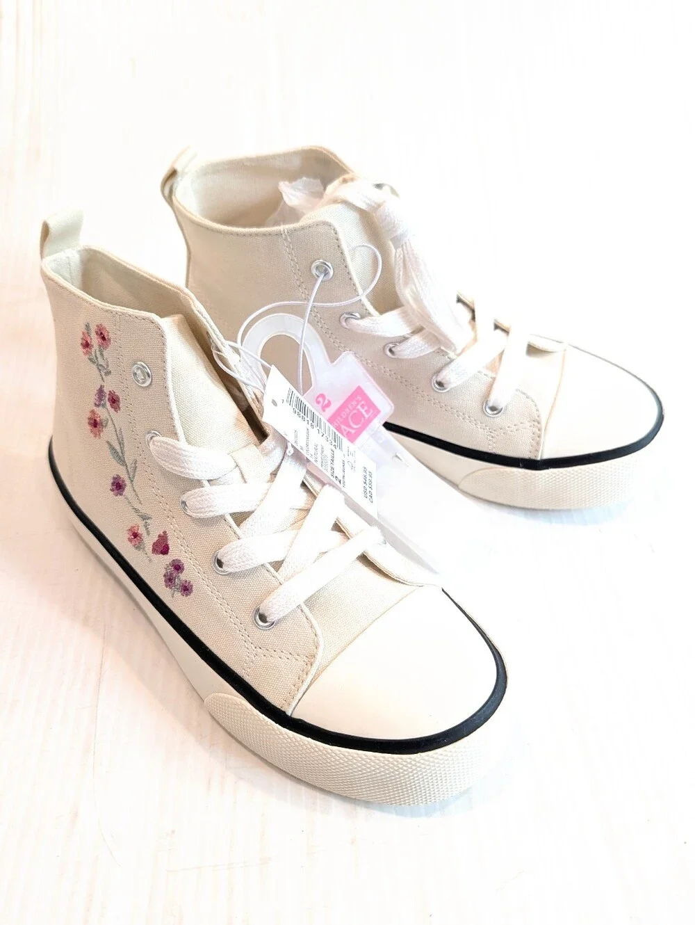 CHILDREN'S PLACE Kids High-Top Sneakers Cream with Pink Embroidered Flowers Sz 2